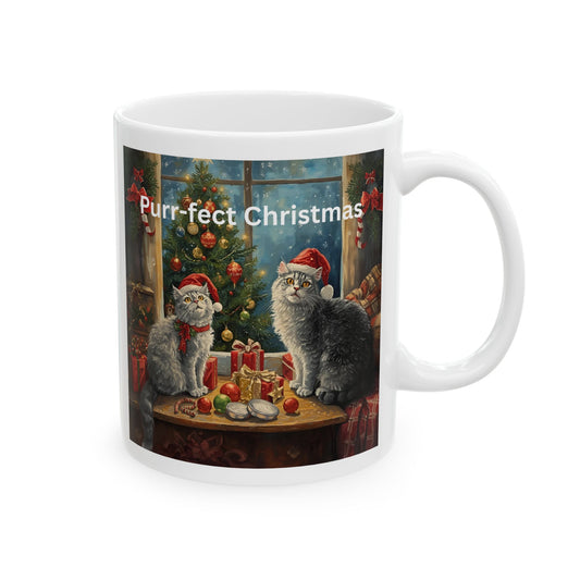 Christmas Cat Ceramic Mug - 'Purrfect Christmas' Holiday Coffee Cup (11oz)